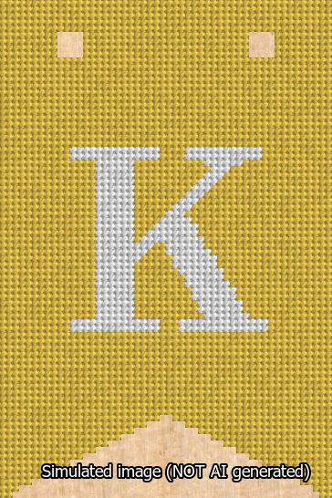 A simulated image of the stitched needlepoint design: Banner 13m Forked K White on Yellow. Not A.I. generated.