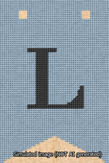 A simulated image of the stitched needlepoint design: Banner 13m Forked L Black on Light Blue. Not A.I. generated.