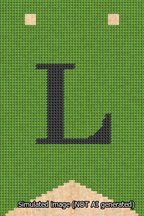 A simulated image of the stitched needlepoint design: Banner 13m Forked L Black on Light Green. Not A.I. generated.