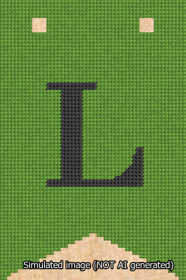 A simulated image of the stitched needlepoint design: Banner 13m Forked L Black on Light Green. Not A.I. generated.