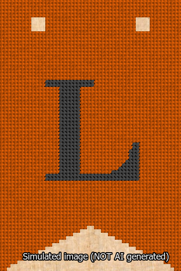 A simulated image of the stitched needlepoint design: Banner 13m Forked L Black on Orange. Not A.I. generated.