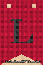 A simulated image of the stitched needlepoint design: Banner 13m Forked L Black on Red. Not A.I. generated.