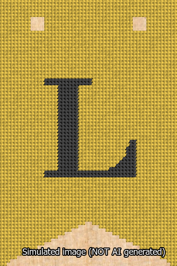 A simulated image of the stitched needlepoint design: Banner 13m Forked L Black on Yellow. Not A.I. generated.