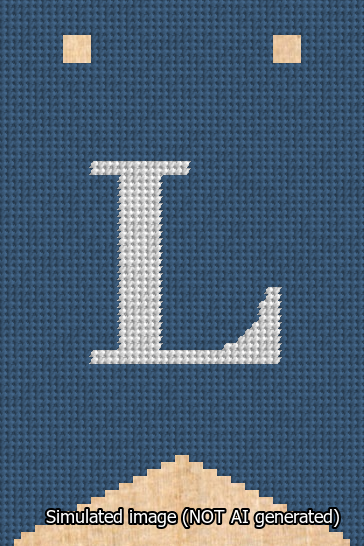 A simulated image of the stitched needlepoint design: Banner 13m Forked L White on Blue. Not A.I. generated.