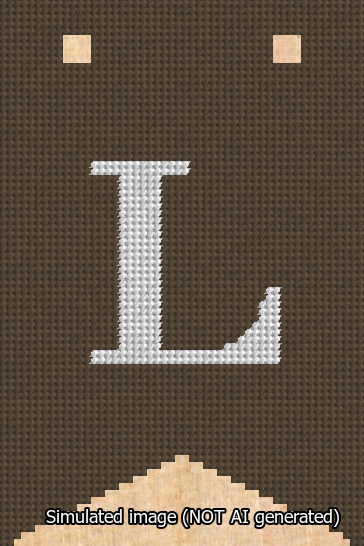 A simulated image of the stitched needlepoint design: Banner 13m Forked L White on Brown. Not A.I. generated.