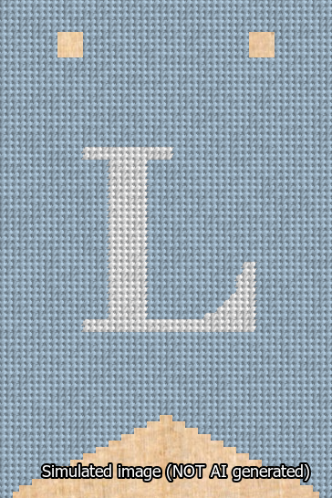 A simulated image of the stitched needlepoint design: Banner 13m Forked L White on Light Blue. Not A.I. generated.