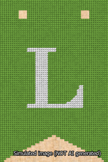 A simulated image of the stitched needlepoint design: Banner 13m Forked L White on Light Green. Not A.I. generated.