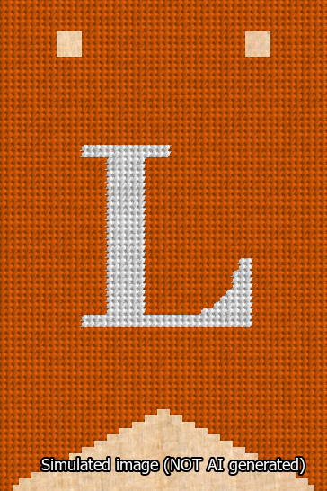 A simulated image of the stitched needlepoint design: Banner 13m Forked L White on Orange. Not A.I. generated.