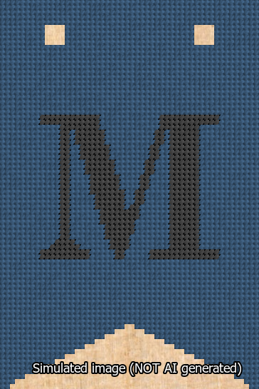 A simulated image of the stitched needlepoint design: Banner 13m Forked M Black on Blue. Not A.I. generated.
