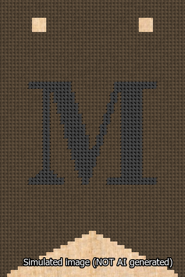 A simulated image of the stitched needlepoint design: Banner 13m Forked M Black on Brown. Not A.I. generated.