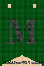 A simulated image of the stitched needlepoint design: Banner 13m Forked M Black on Green. Not A.I. generated.