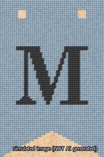 A simulated image of the stitched needlepoint design: Banner 13m Forked M Black on Light Blue. Not A.I. generated.