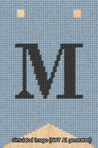 A simulated image of the stitched needlepoint design: Banner 13m Forked M Black on Light Blue. Not A.I. generated.