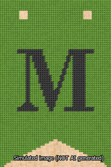 A simulated image of the stitched needlepoint design: Banner 13m Forked M Black on Light Green. Not A.I. generated.