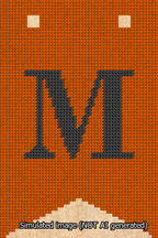 A simulated image of the stitched needlepoint design: Banner 13m Forked M Black on Orange. Not A.I. generated.
