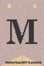 A simulated image of the stitched needlepoint design: Banner 13m Forked M Black on Pink. Not A.I. generated.