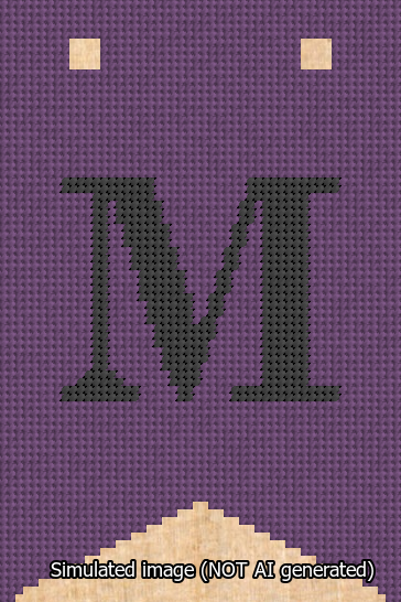 A simulated image of the stitched needlepoint design: Banner 13m Forked M Black on Purple. Not A.I. generated.