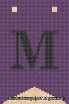 A simulated image of the stitched needlepoint design: Banner 13m Forked M Black on Purple. Not A.I. generated.