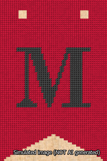 A simulated image of the stitched needlepoint design: Banner 13m Forked M Black on Red. Not A.I. generated.