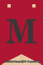 A simulated image of the stitched needlepoint design: Banner 13m Forked M Black on Red. Not A.I. generated.