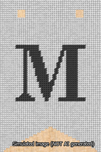 A simulated image of the stitched needlepoint design: Banner 13m Forked M Black on White. Not A.I. generated.