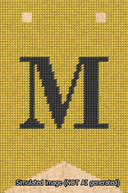 A simulated image of the stitched needlepoint design: Banner 13m Forked M Black on Yellow. Not A.I. generated.