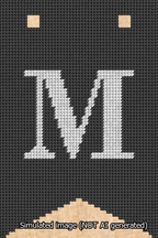 A simulated image of the stitched needlepoint design: Banner 13m Forked M White on Black. Not A.I. generated.