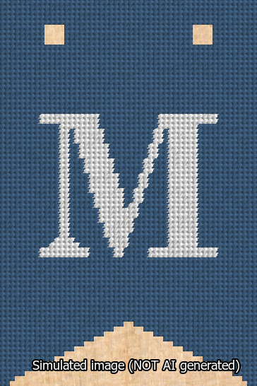 A simulated image of the stitched needlepoint design: Banner 13m Forked M White on Blue. Not A.I. generated.