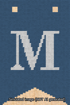 A simulated image of the stitched needlepoint design: Banner 13m Forked M White on Blue. Not A.I. generated.