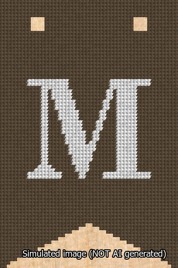 A simulated image of the stitched needlepoint design: Banner 13m Forked M White on Brown. Not A.I. generated.