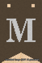 A simulated image of the stitched needlepoint design: Banner 13m Forked M White on Brown. Not A.I. generated.