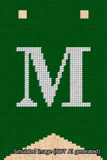 A simulated image of the stitched needlepoint design: Banner 13m Forked M White on Green. Not A.I. generated.