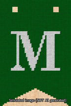 A simulated image of the stitched needlepoint design: Banner 13m Forked M White on Green. Not A.I. generated.