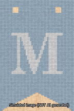 A simulated image of the stitched needlepoint design: Banner 13m Forked M White on Light Blue. Not A.I. generated.