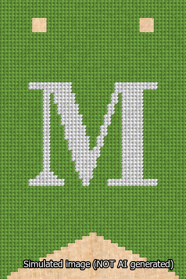 A simulated image of the stitched needlepoint design: Banner 13m Forked M White on Light Green. Not A.I. generated.