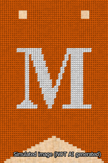 A simulated image of the stitched needlepoint design: Banner 13m Forked M White on Orange. Not A.I. generated.