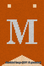 A simulated image of the stitched needlepoint design: Banner 13m Forked M White on Orange. Not A.I. generated.