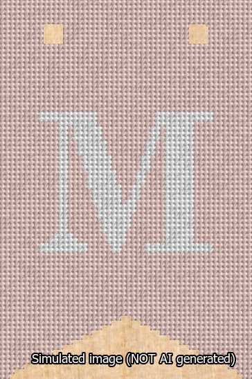 A simulated image of the stitched needlepoint design: Banner 13m Forked M White on Pink. Not A.I. generated.