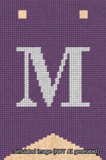A simulated image of the stitched needlepoint design: Banner 13m Forked M White on Purple. Not A.I. generated.