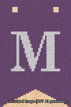 A simulated image of the stitched needlepoint design: Banner 13m Forked M White on Purple. Not A.I. generated.