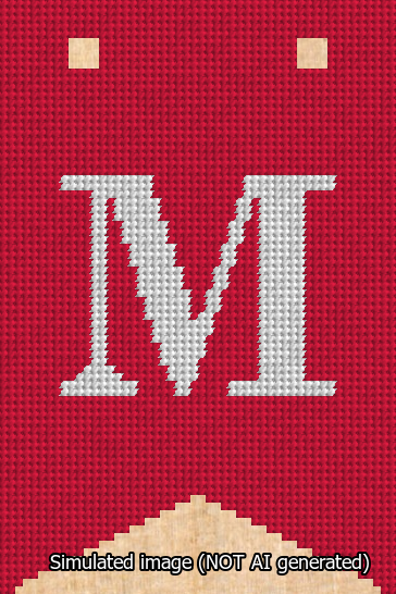 A simulated image of the stitched needlepoint design: Banner 13m Forked M White on Red. Not A.I. generated.