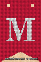 A simulated image of the stitched needlepoint design: Banner 13m Forked M White on Red. Not A.I. generated.