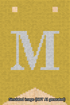 A simulated image of the stitched needlepoint design: Banner 13m Forked M White on Yellow. Not A.I. generated.