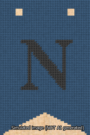 A simulated image of the stitched needlepoint design: Banner 13m Forked N Black on Blue. Not A.I. generated.