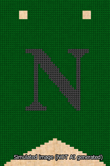 A simulated image of the stitched needlepoint design: Banner 13m Forked N Black on Green. Not A.I. generated.