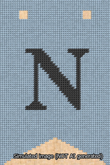 A simulated image of the stitched needlepoint design: Banner 13m Forked N Black on Light Blue. Not A.I. generated.