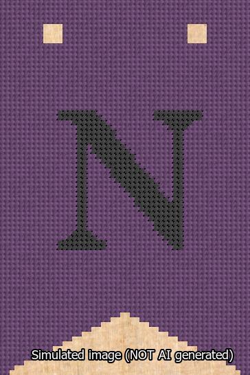 A simulated image of the stitched needlepoint design: Banner 13m Forked N Black on Purple. Not A.I. generated.