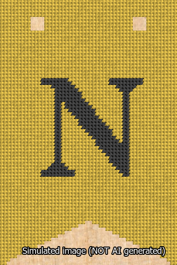 A simulated image of the stitched needlepoint design: Banner 13m Forked N Black on Yellow. Not A.I. generated.