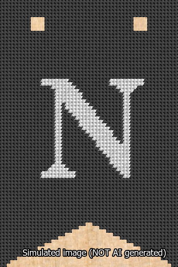 A simulated image of the stitched needlepoint design: Banner 13m Forked N White on Black. Not A.I. generated.