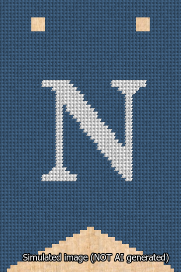 A simulated image of the stitched needlepoint design: Banner 13m Forked N White on Blue. Not A.I. generated.